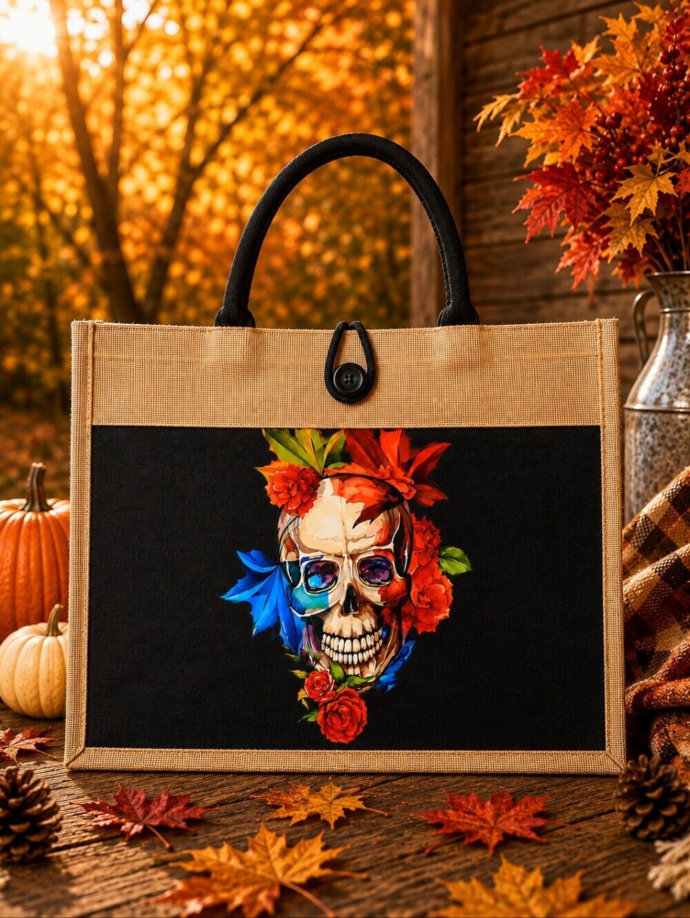 Floral Skull Tote Bag | Colorful Gothic Jute Canvas